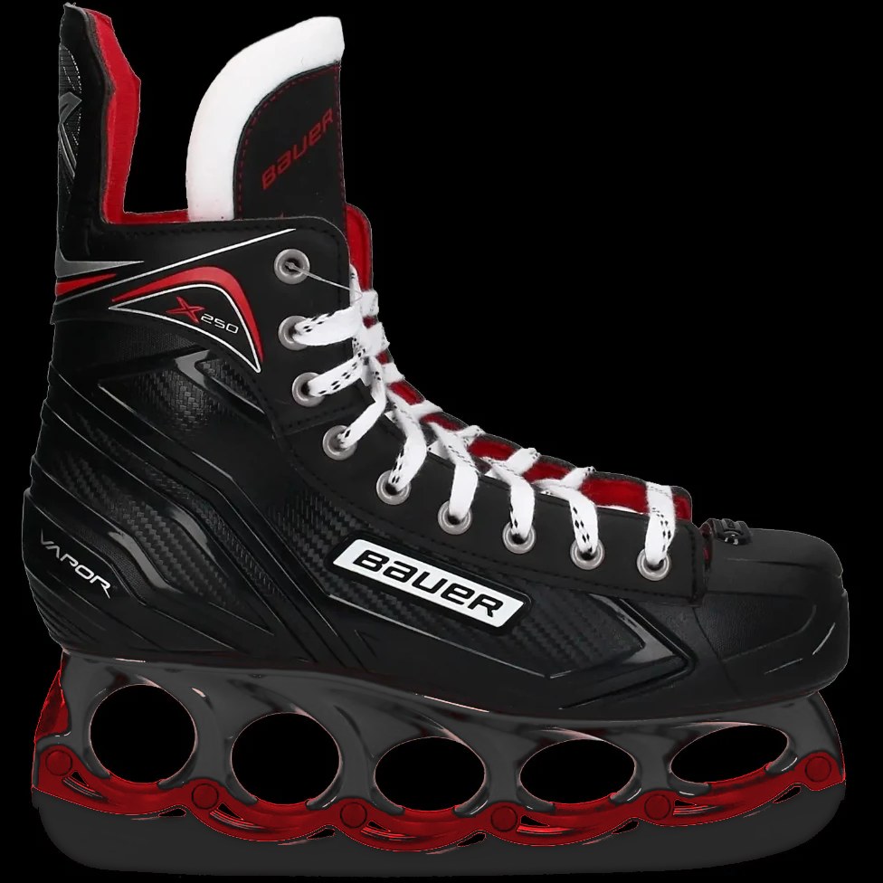 Bauer-Eishockeyschlittschuh mit schwarzem T-Blade-Holder, schwarzem Runner sowie Stabilisator und Clip in Metallic Rot