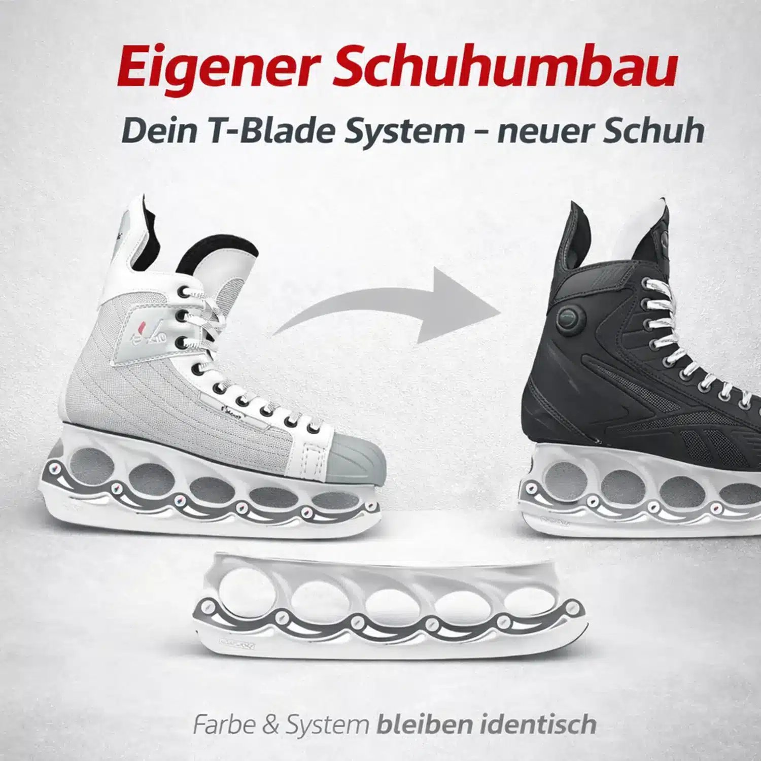 Grafik zum Schuhumbau: ein weißes T-Blade-System wird von einem alten auf einen neuen Schuh übertragen